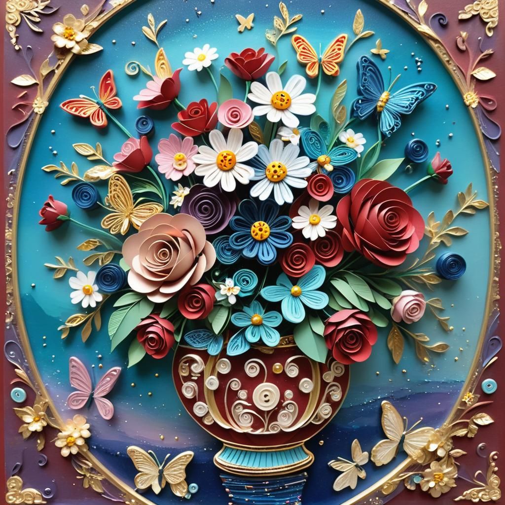 Surreal Quilled Paper Still Life in a Glittery Red Vase with...