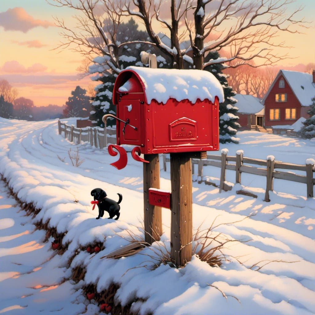 Puppy in Snowy Mailbox with Christmas Decor