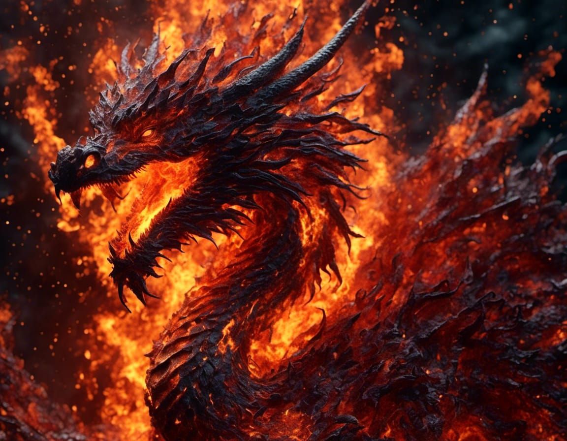 Humongous Fiery Dragon in Volcanic Landscape