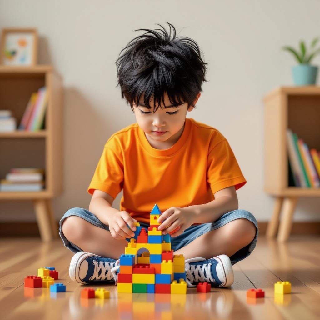 Boy Building Castle in Vibrant Digital Art Style