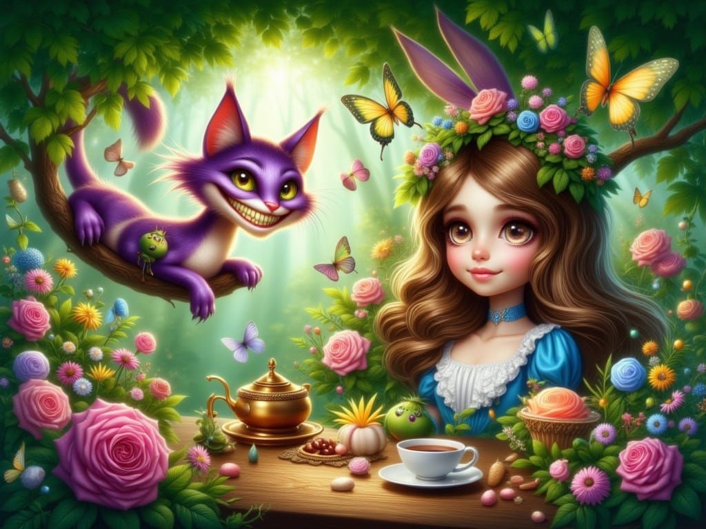 Mystical Wonderland Tea Party Scene in Vibrant Colors