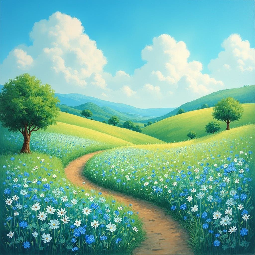 Turquoise Flowers in Lush Field: Impressionist Landscape