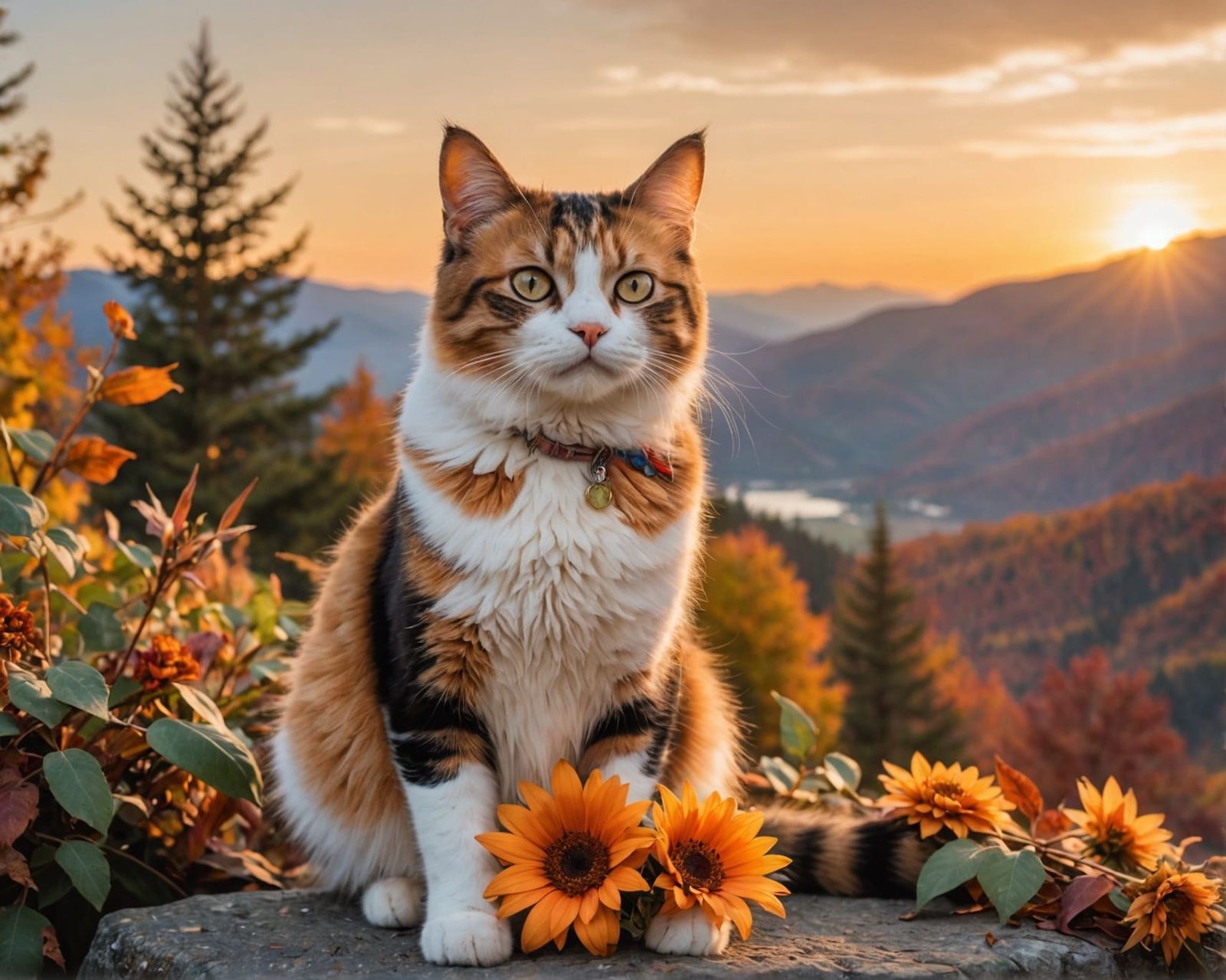 Calico Cat Contemplates Futuristic Moonrise in Autumn