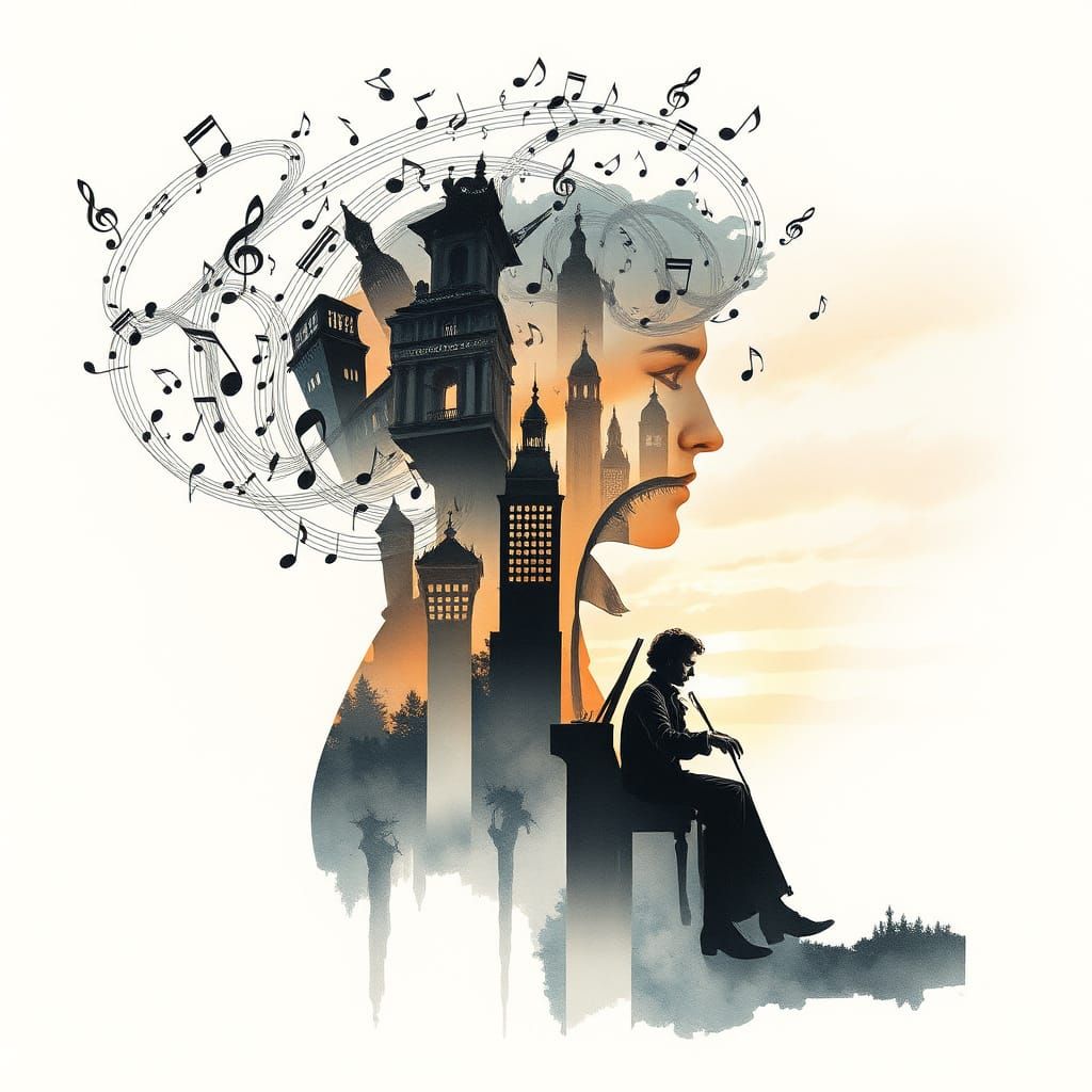 Surreal Figure of Beethoven in Watercolor