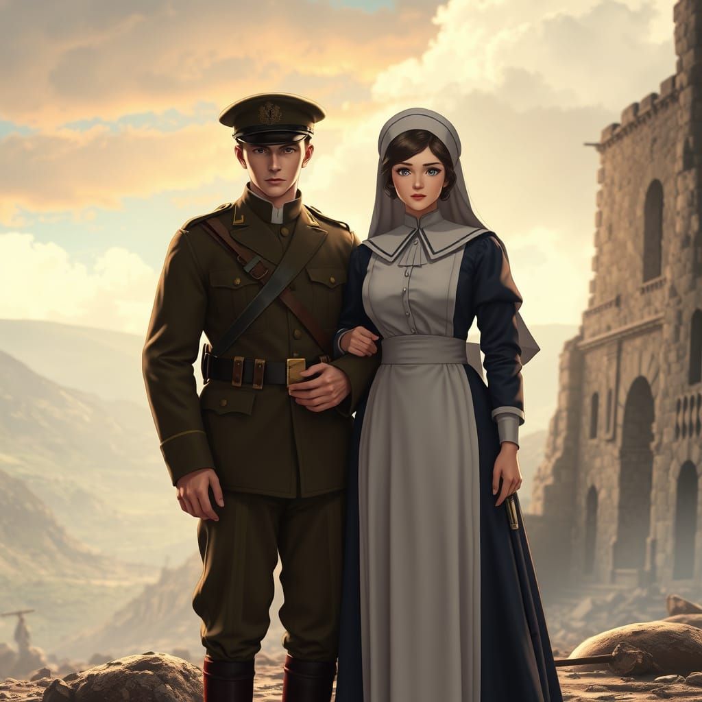 WWI-Era Lovers in a War-Torn Italian Landscape, 3D Anime Art