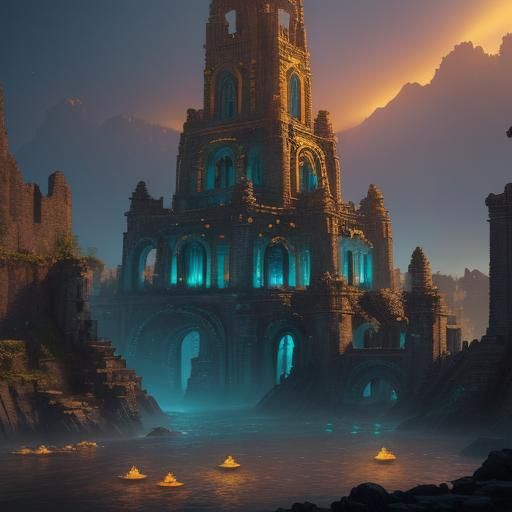 Ethereal Glow on Underwater Ruins: Digital Matte Painting