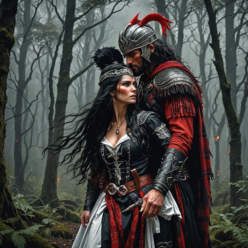 Scottish Warrior Couple in Rainy Forest, Detailed Matte Pain...