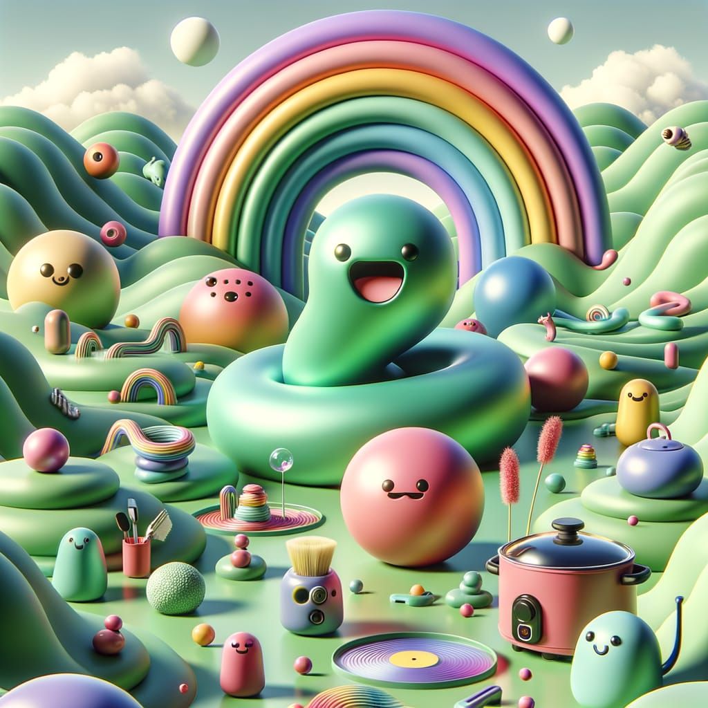 Whimsical Pastel Wonderland with Rounded Friends and Rainbow...