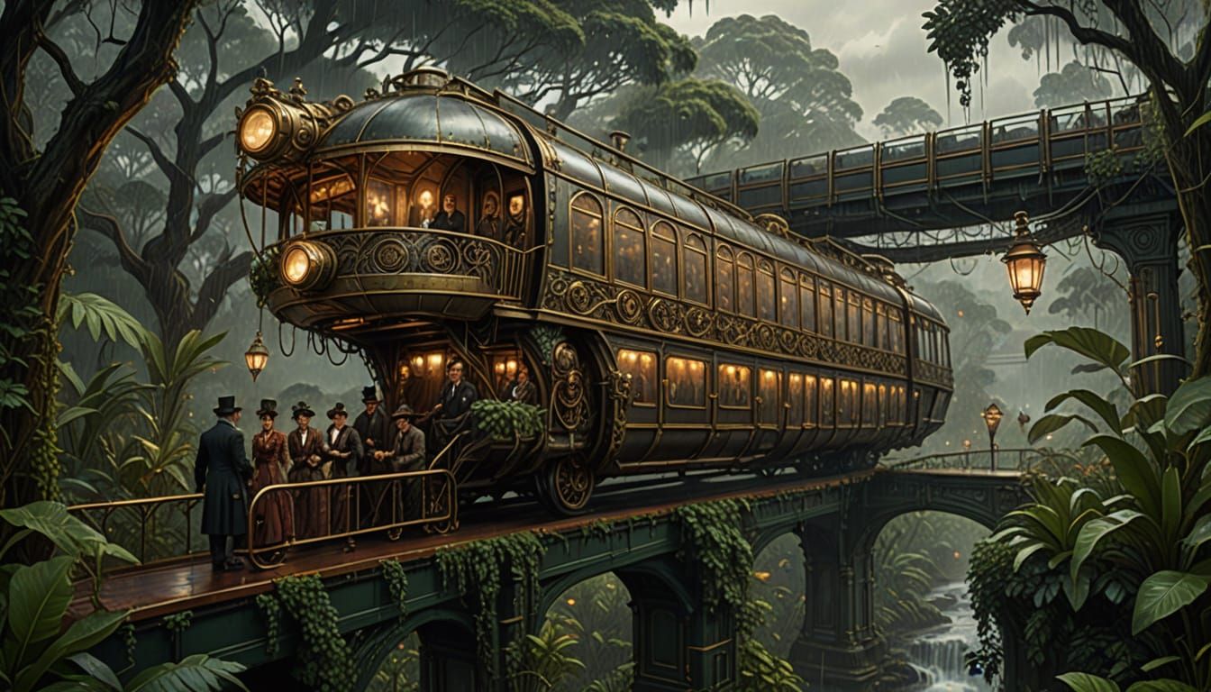 Steampunk Monorail in Rainy Jungle with Victorian Passengers