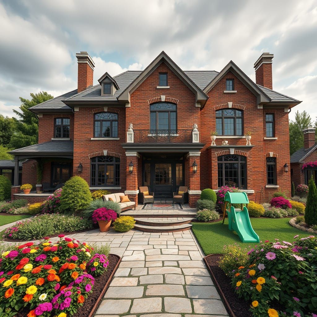 Hyperrealistic 3D Render: Grand Stone & Brick House with Pat...