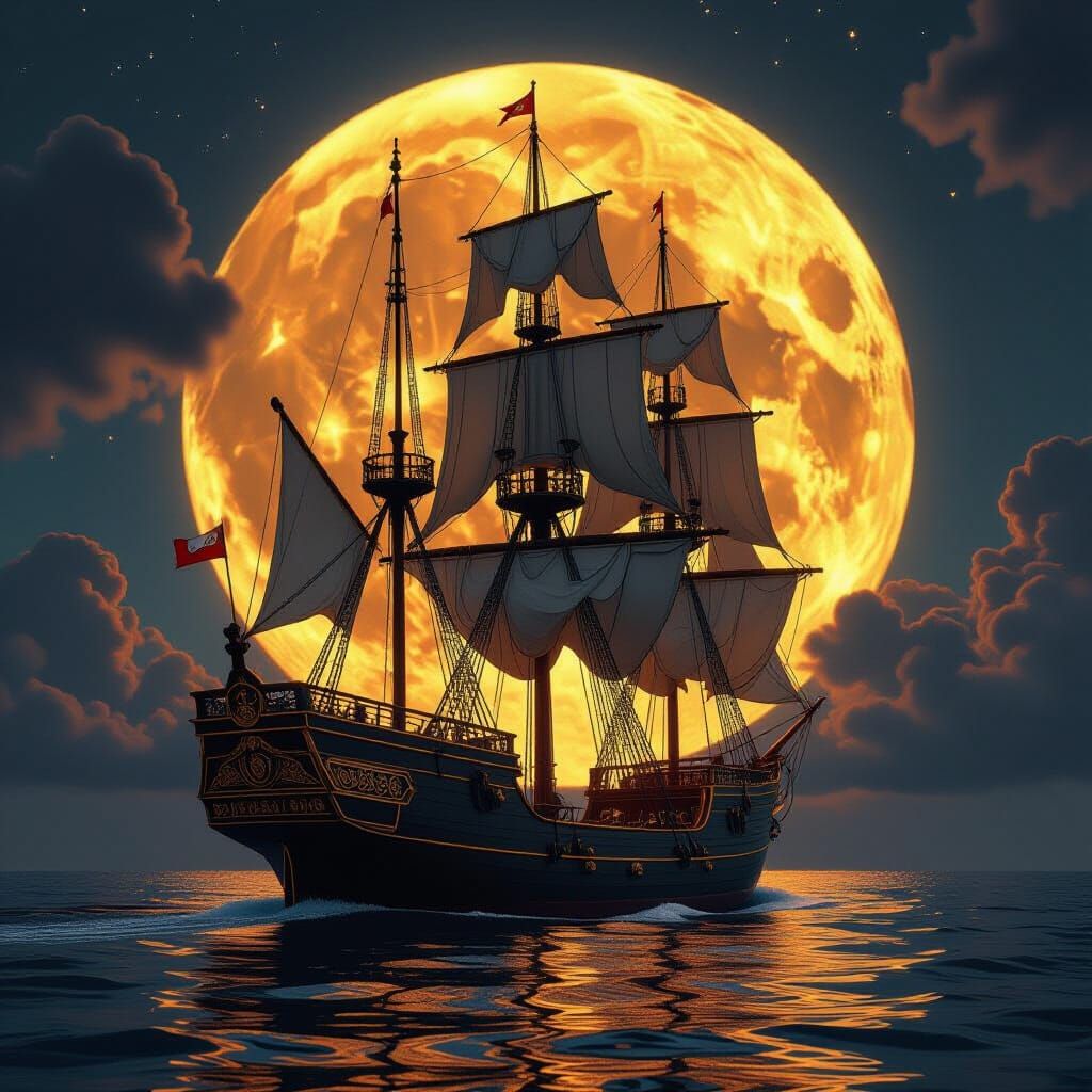 Sailing Ship Under a Golden Moon in Digital Art Style
