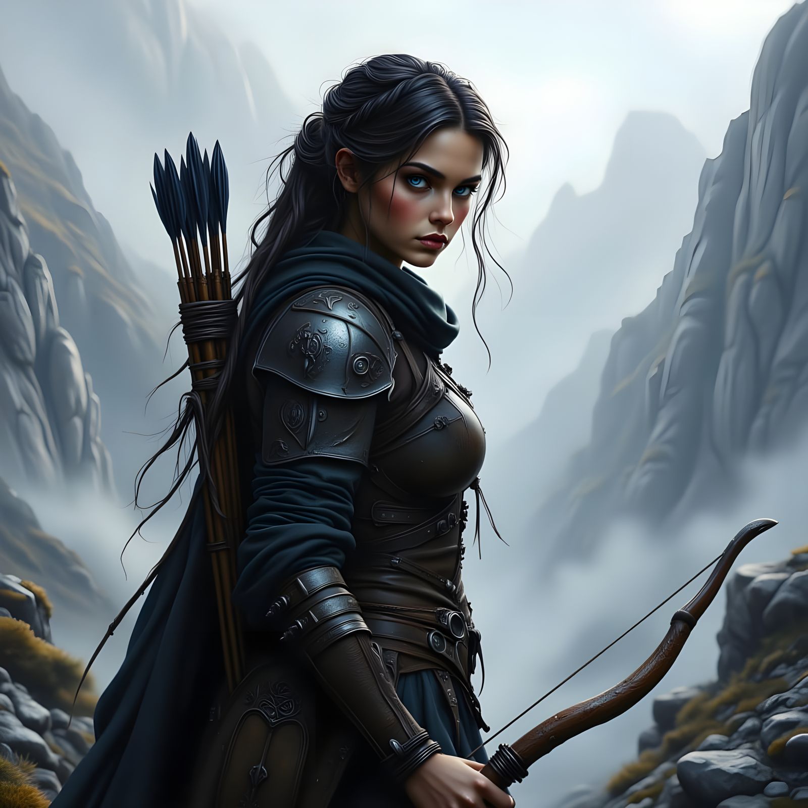 Lone Huntress in Foggy Mountain Pass