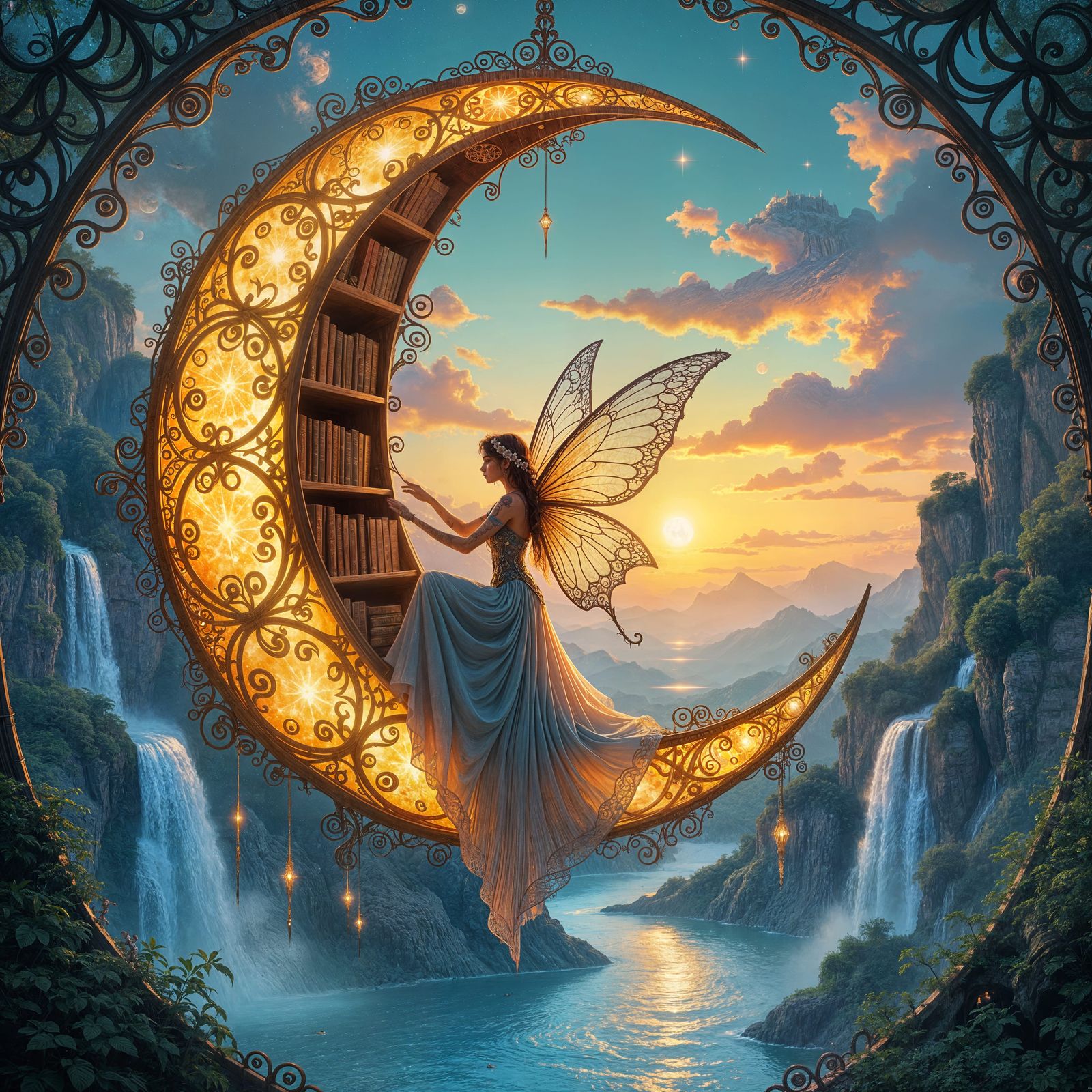 Faerie Library City in Crescent Moon, Fantasycore Art