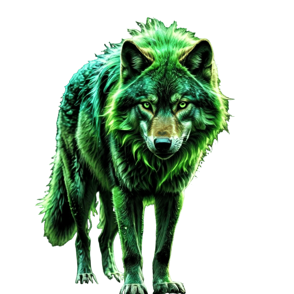 Bioluminescent Green Wolf Portrait on Black Background