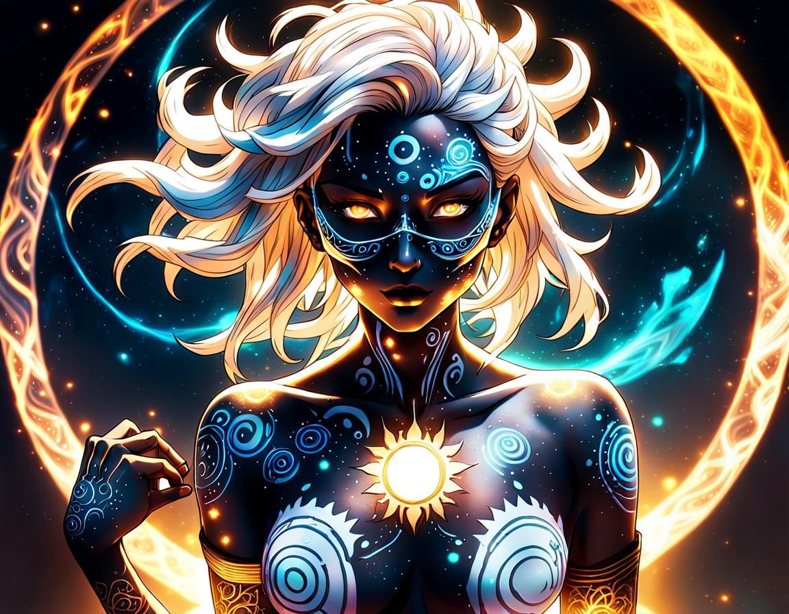 Anime Woman with Glowing Mask in Manga Style