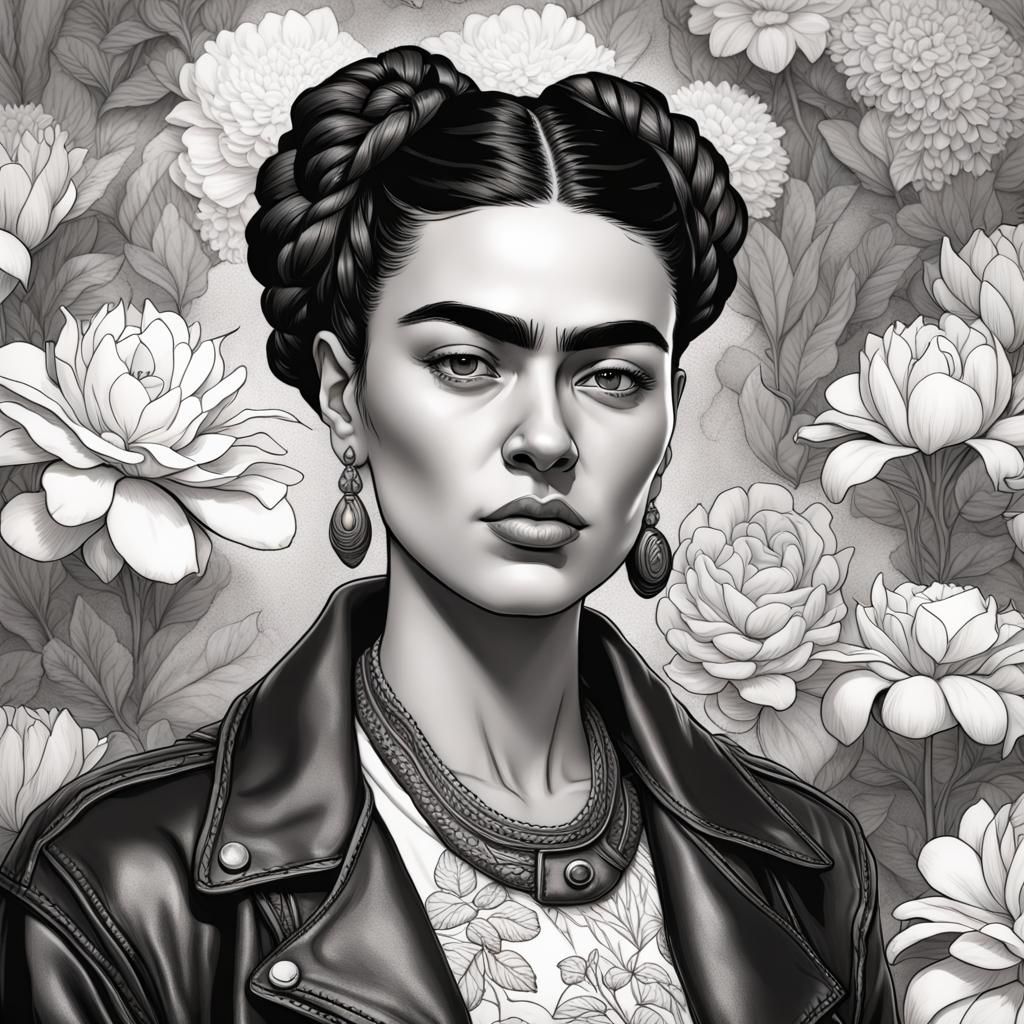Hyperrealistic Frida Kahlo Portrait in Black and White