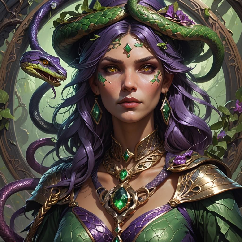 Detailed Witch Portrait with Snake in Art Nouveau Style