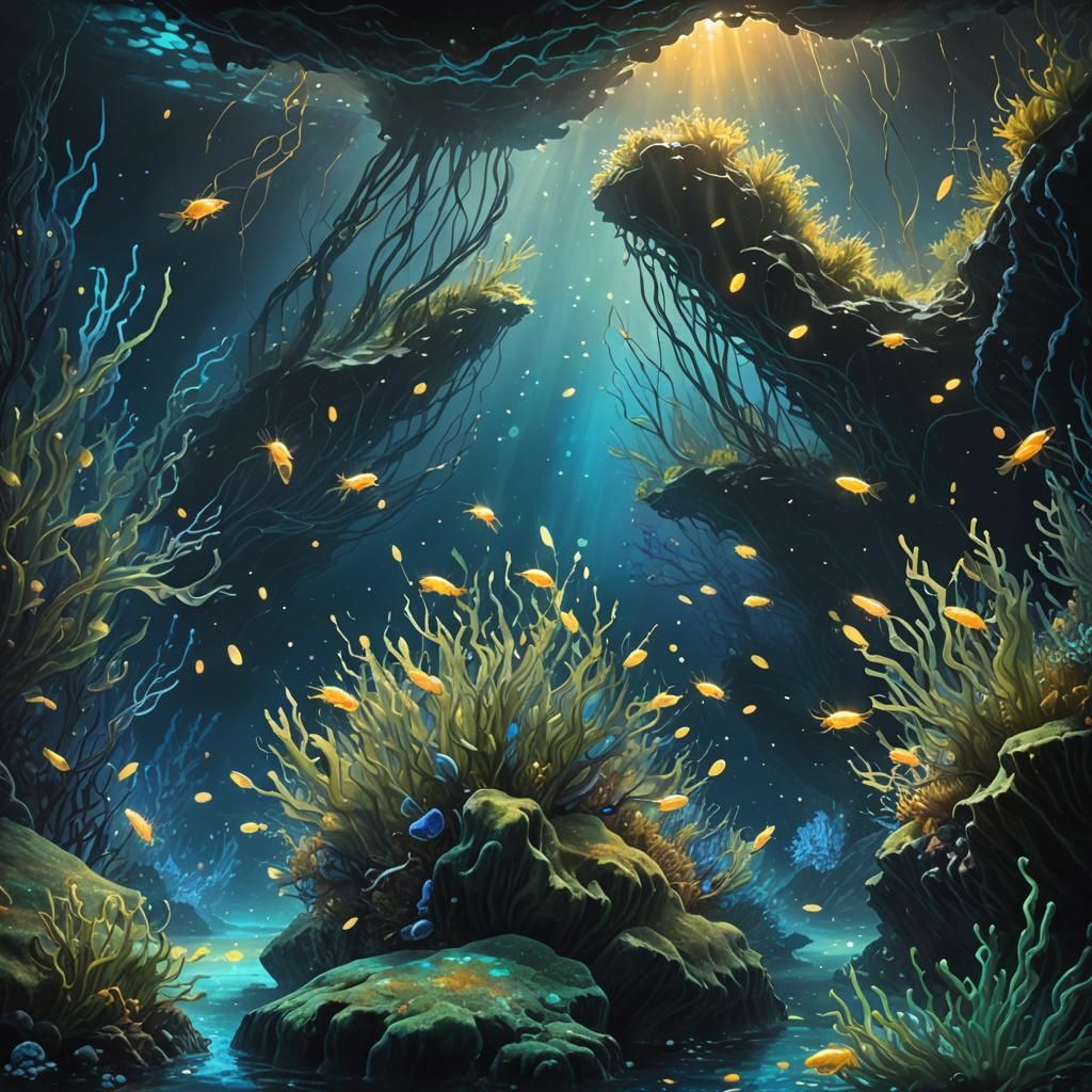 Bioluminescent Fireflies in Underwater Cave: Splash Art