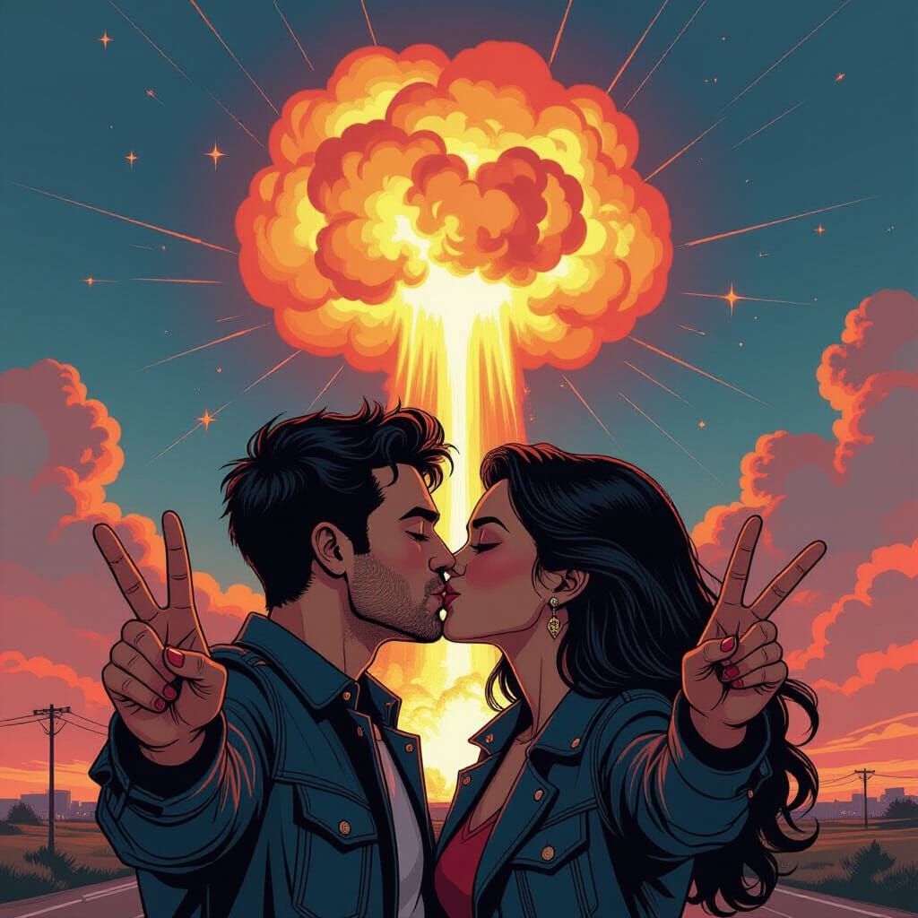 Passionate Kiss Amidst Nuclear Blast, Comic Style