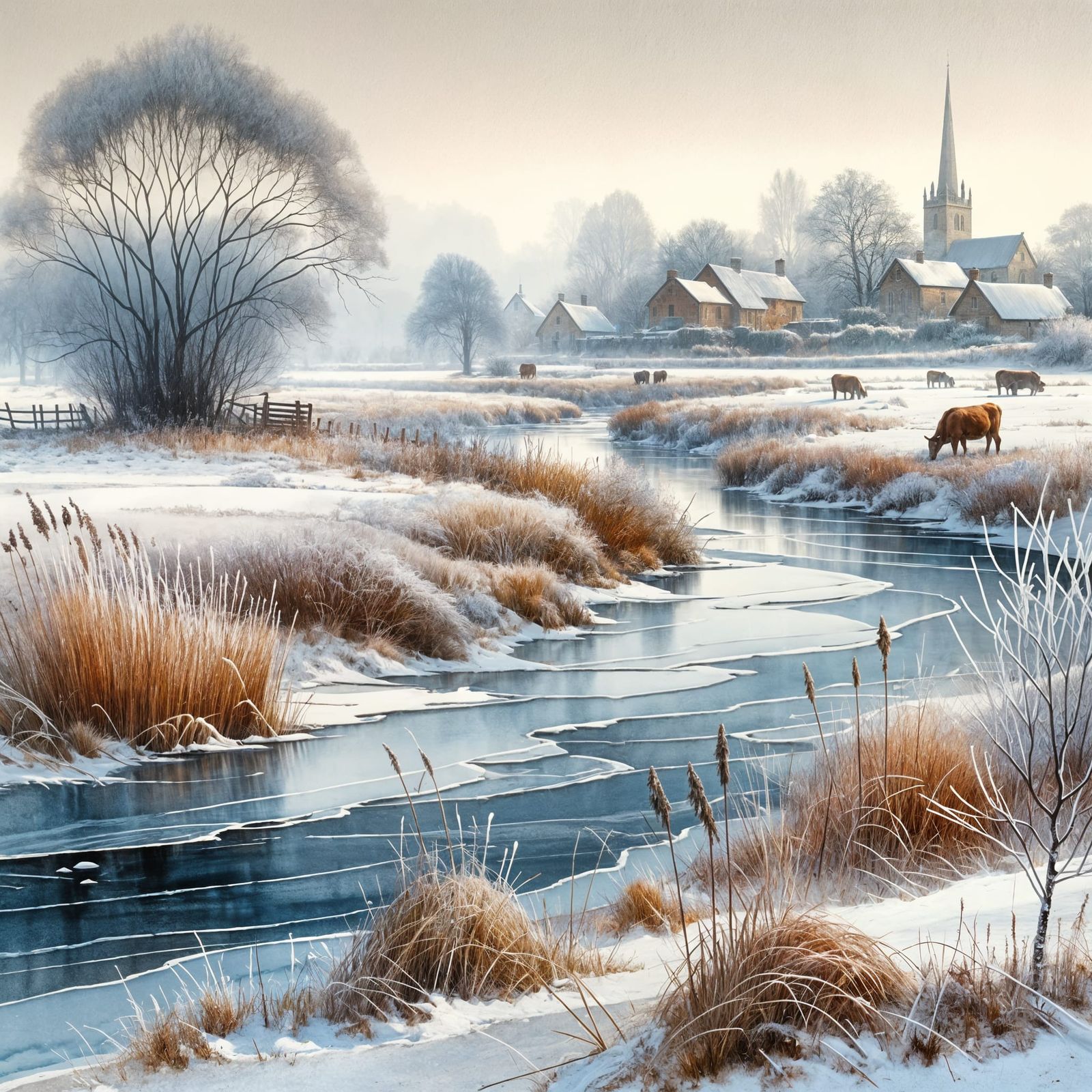 Winter Watercolor Landscape with Cattle and Village