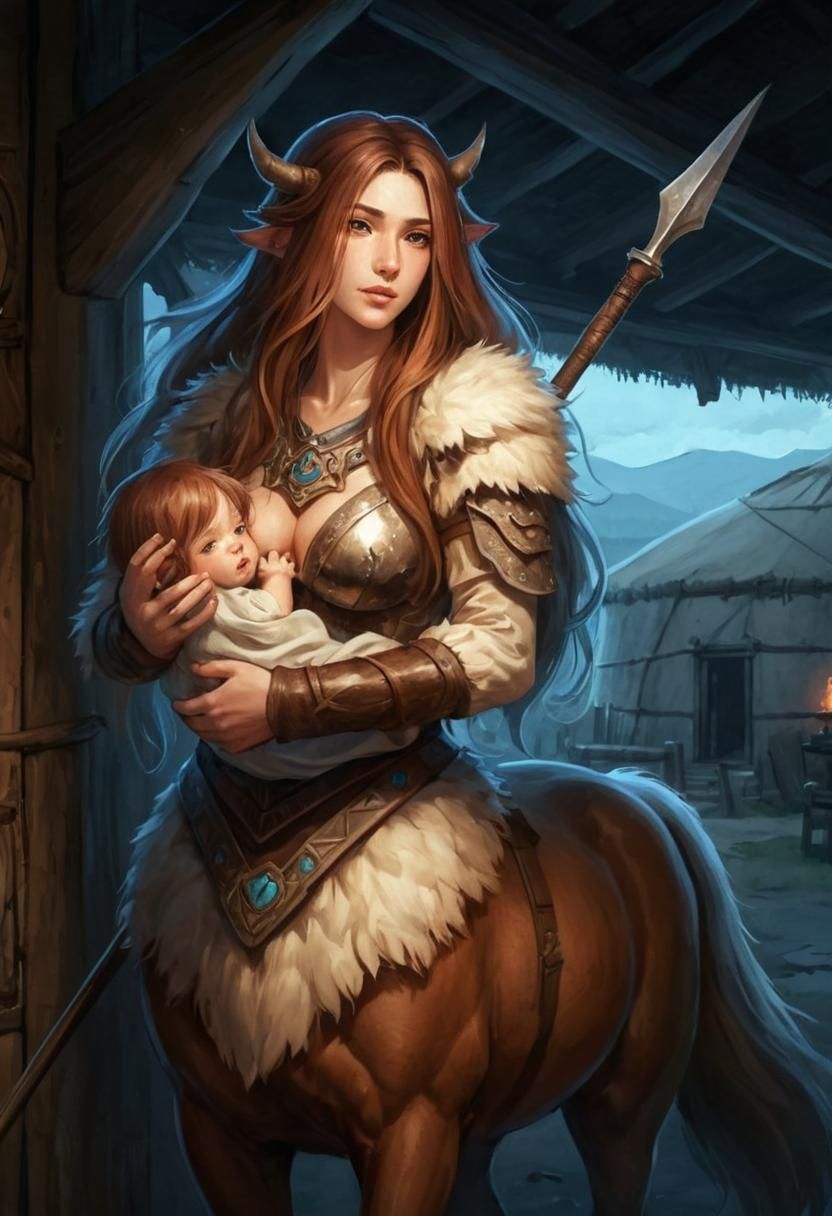 Centaur Mother Breastfeeding in Steppe Village