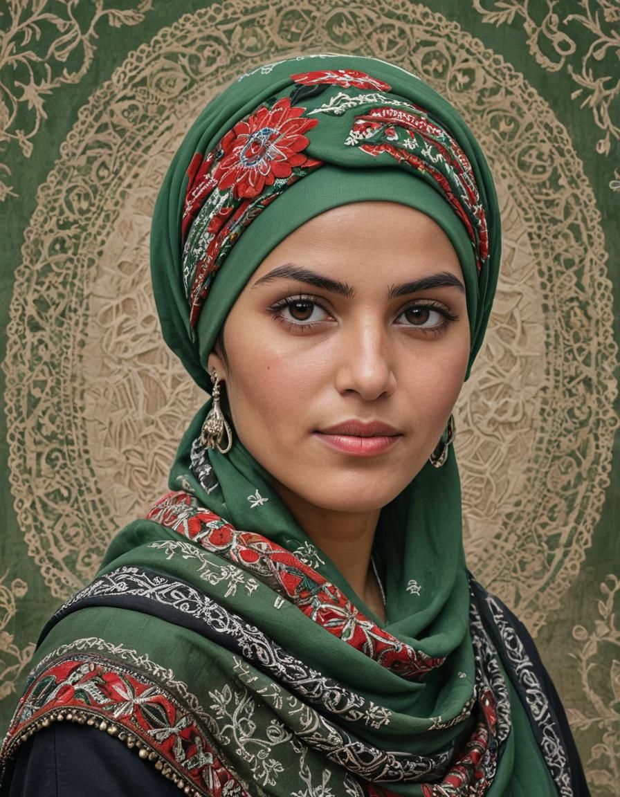 Portrait of Dignified Palestinian Woman in Traditional Turba...