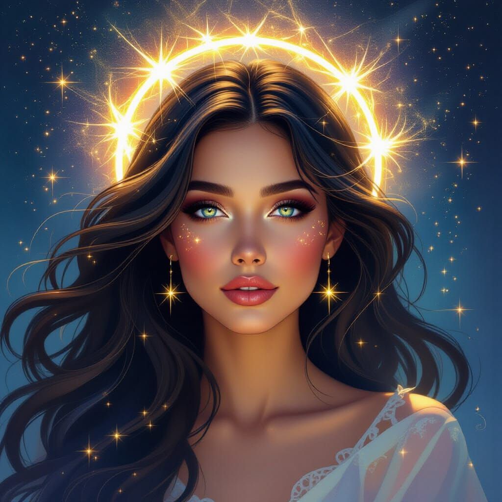Radiant Woman Amidst Starlight and Nebula