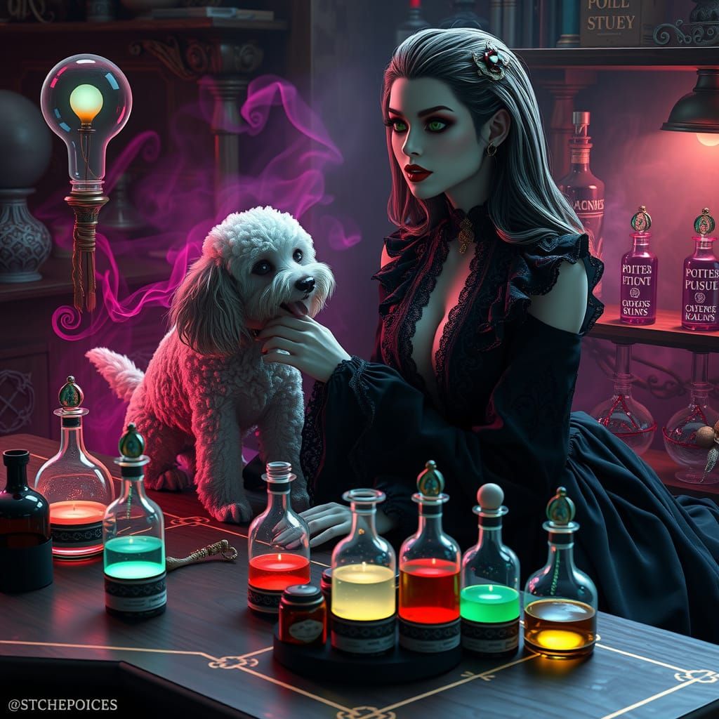 Ghoul in Elegant Black Gown Stroking Poodle Beside Poisonous...