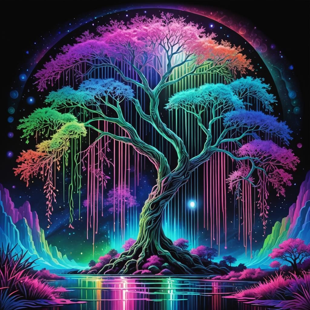 Glowing Weeping Willow in Psychedelic Bioluminescent Forest