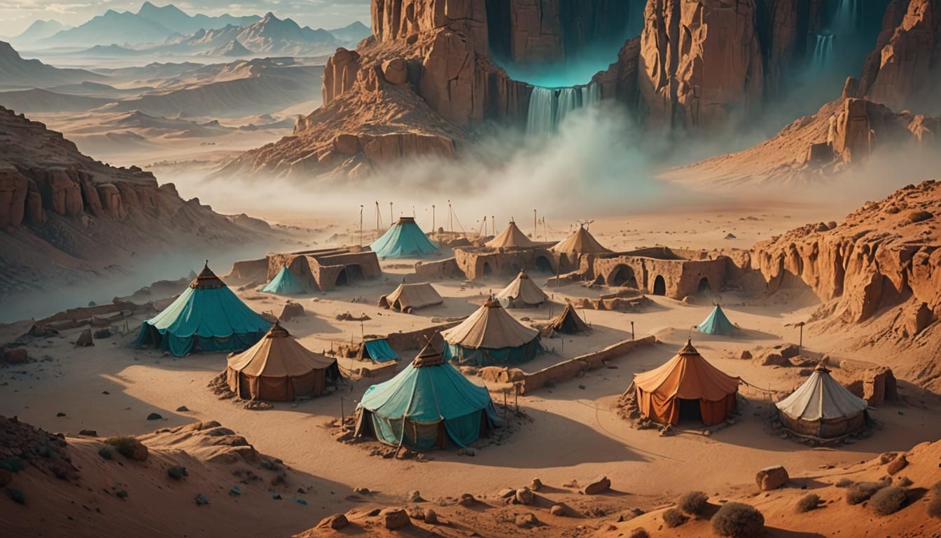 Desert Oasis: Ancient Tents in Heavy Fog