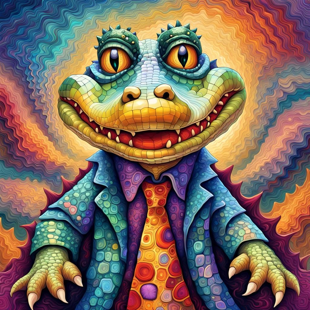 Whimsical Wizard Crocodile in Abstract Expressionist Style