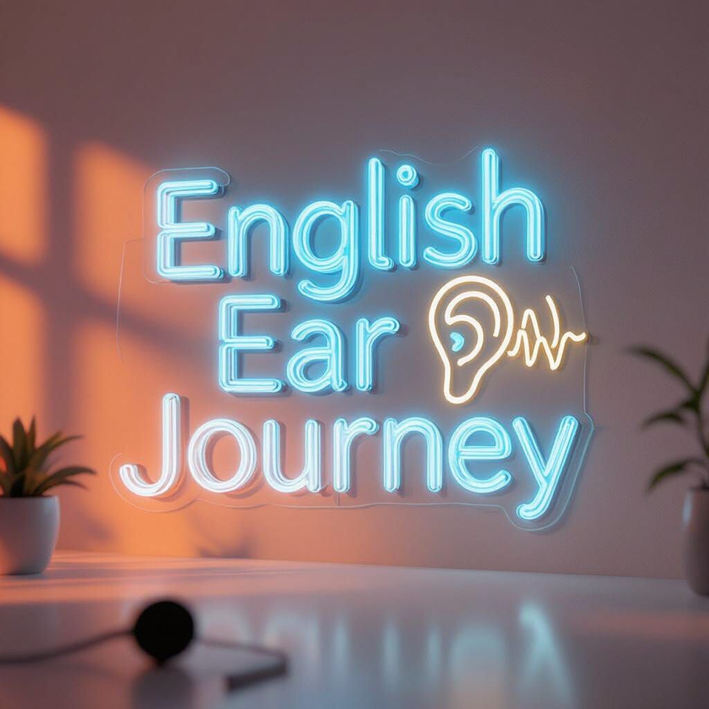 Neon 'ENGLISH EAR JOURNEY' Sign with Podcast Studio Vibe