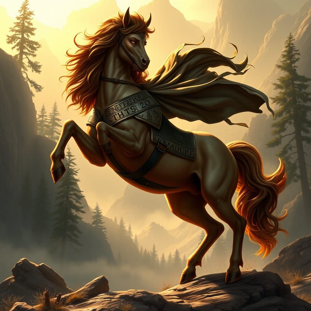Female Centaur Rearing in Mountain Landscape