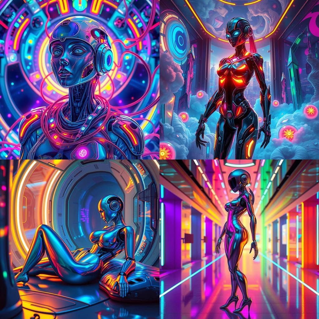Surreal Futuristic Robot Goddess in Vibrant Cosmic Space