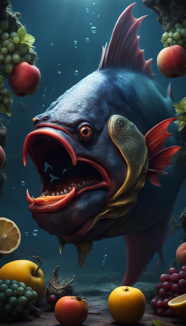 Scary Giant Fish Eats Fruit in Detailed Fantasy Art