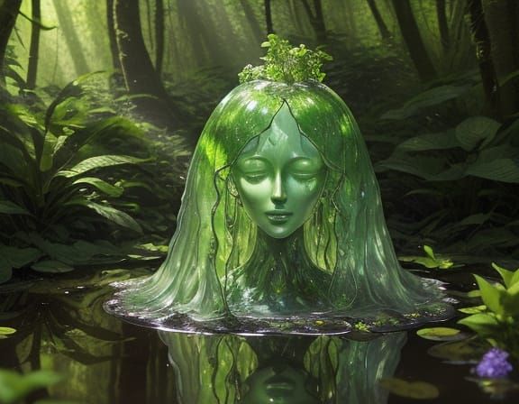 A translucent human head emerges from a puddle