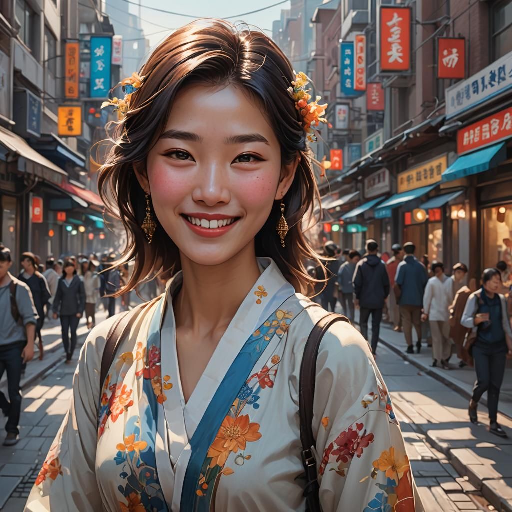 Korean Woman Portrait in City Street, Hyperdetailed Art