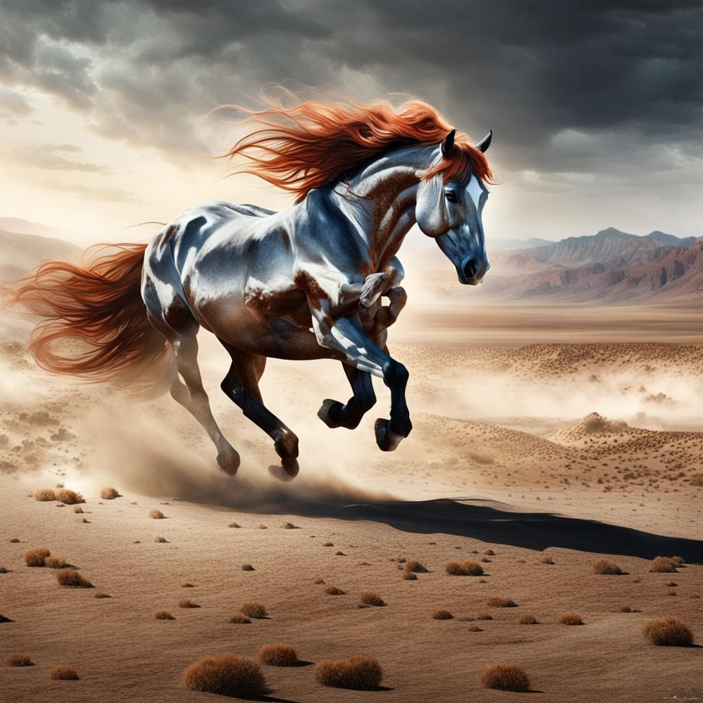 Mylène Farmer on Horseback in Desert Landscape
