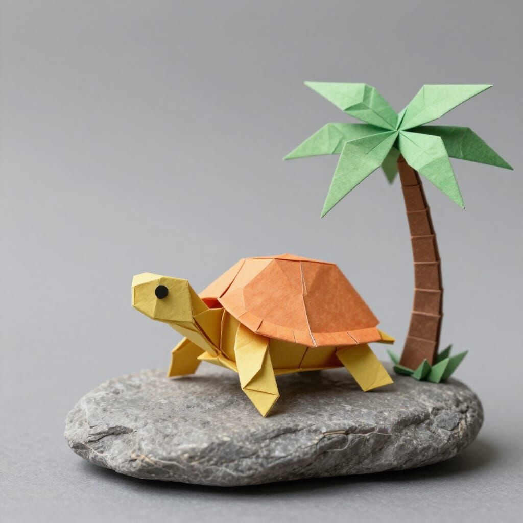 Origami Turtle and Palm Tree Scene in Papercraft Style