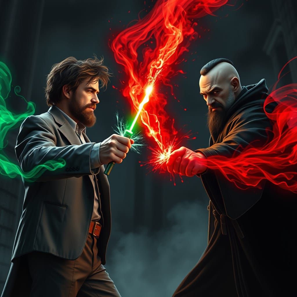 Remus Lupin in a wand duel with Antonin Dolohov, about seven feet apart. Lupin has messy brown hair and a brown beard, a...