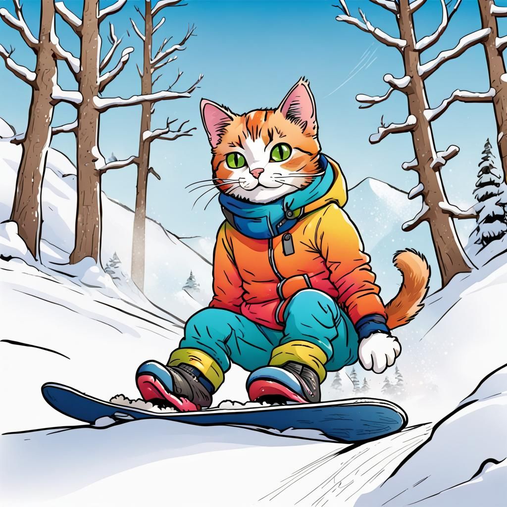 Cat Snowboarding in Comic Sketch Style