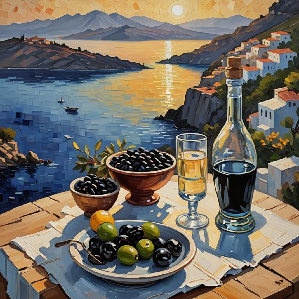 Greek Island Sunrise with Olives, Neo-Impressionist Oil Pain...