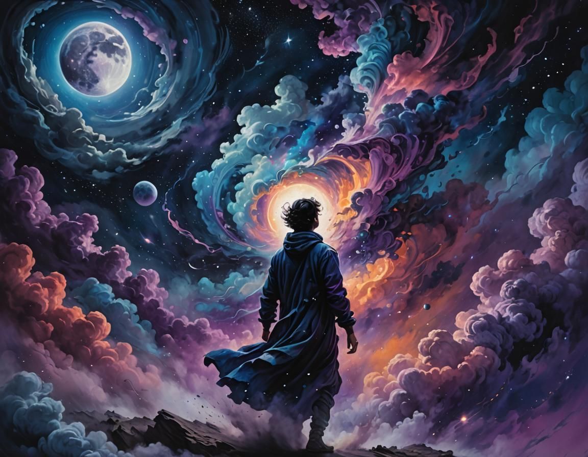 Lone Figure in Surreal Fantasy Night Sky