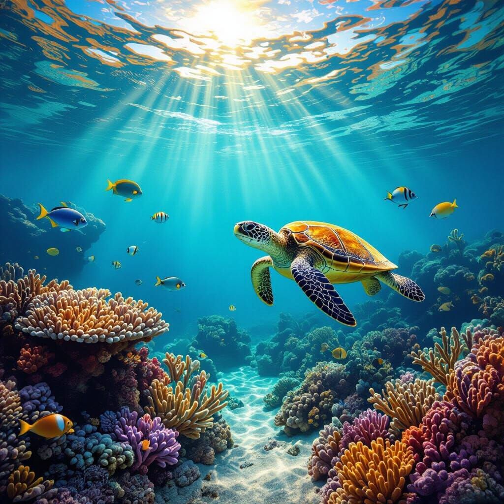 Vibrant Coral Reef and Sea Turtle in Marine Painting