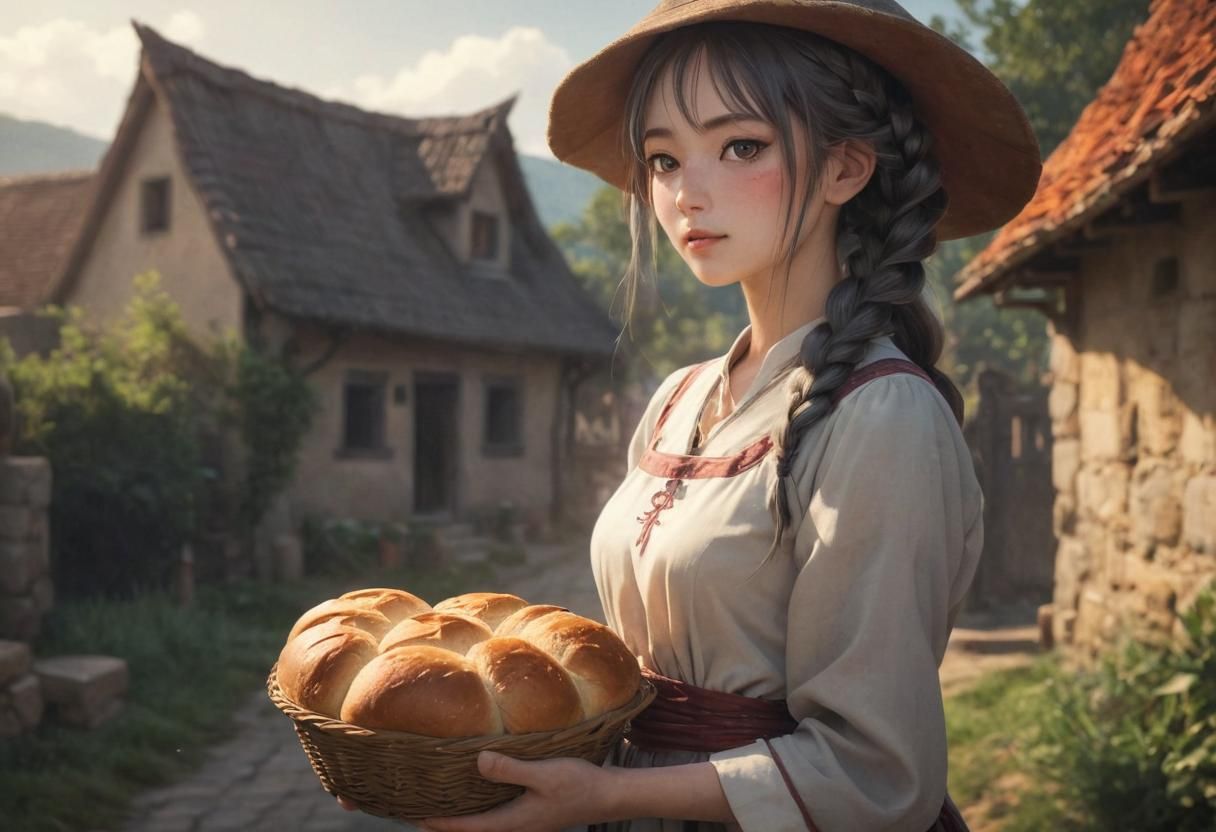 Medieval Cat Girl with Bread Loaf in Ukiyo-e Style