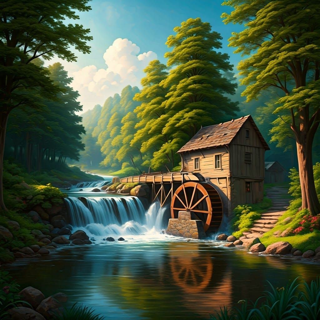 Lush Countryside Watermill in Vibrant Oil Painting Style