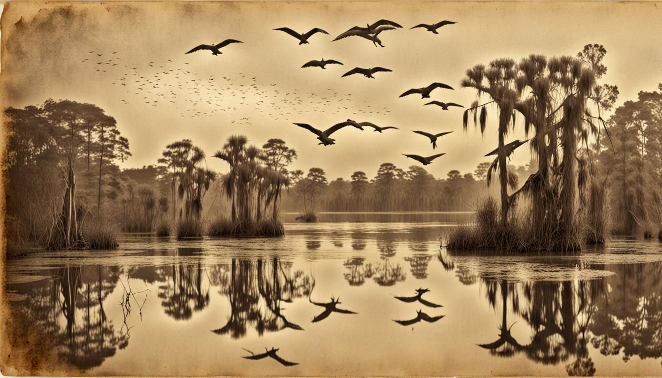 Louisiana Swamp as Anthotype Print with Birds and Alligators