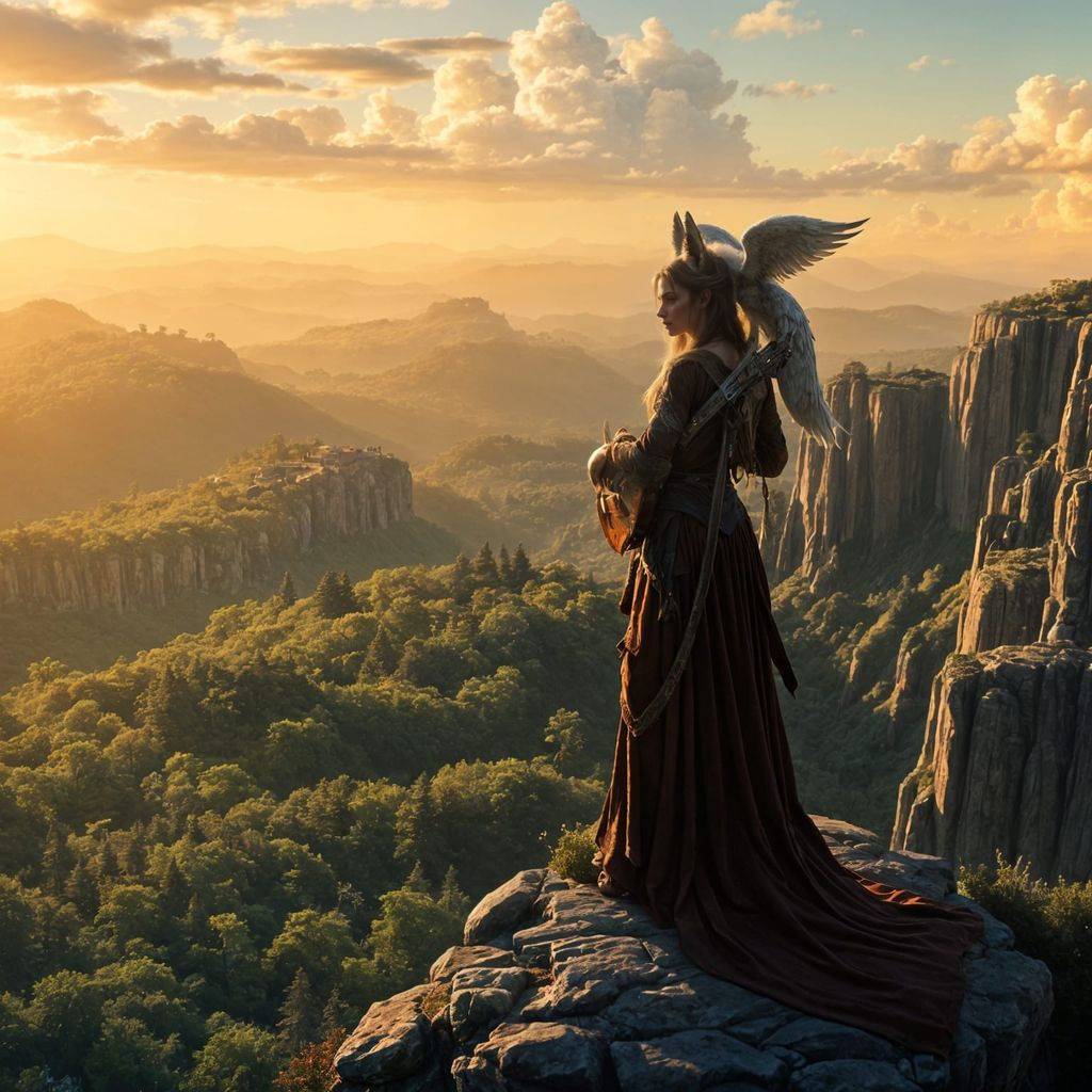 Fantasy Bard on Cliff Overlooking Forest, Golden Hour
