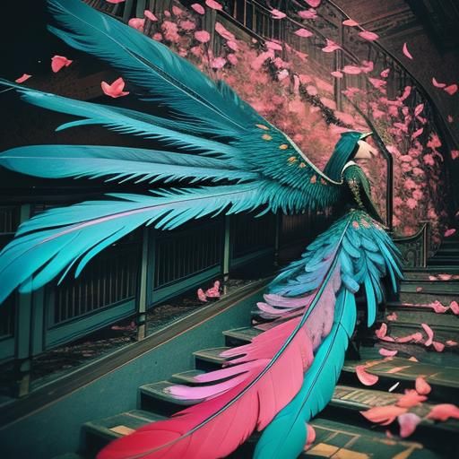 Surreal Feathered Staircase in Analog Horror Style