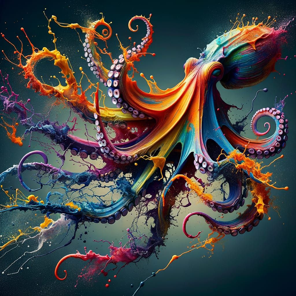 Octopus Emerges from Vibrant Paint Splatters